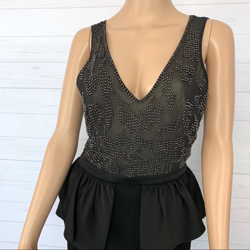 Bebe Embellished V Cut Peplum Sleeveless Black Dress Size S - Picture 6 of 12